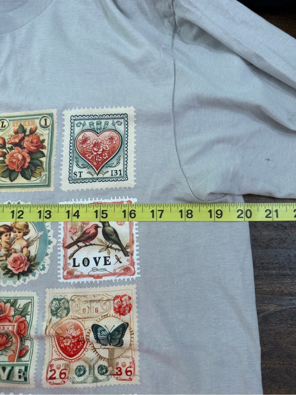 Vintage Stamp Graphic Tee - Light Gray with Floral & Heart Motifs - Picture 3 of 4